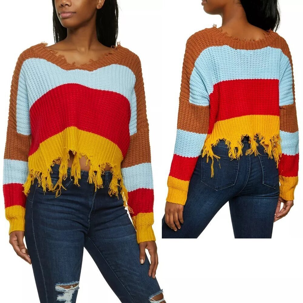 Love J Striped Striped Cropped Distressed Sweater Size S